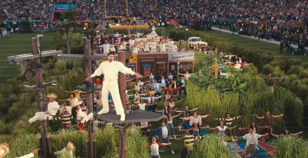 Super Bowl LX, 2026 compared to Pieter Bruegel the Elder, The Fight Between Carnival and Lent, 1559, oil on panel, Kunsthistorisches Museum, Vienna.