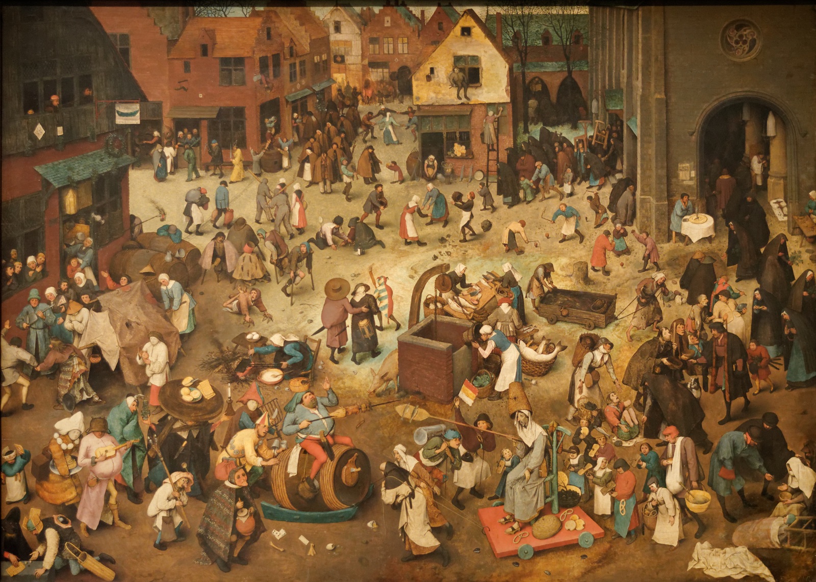 Super Bowl LX, 2026 compared to Pieter Bruegel the Elder, The Fight Between Carnival and Lent, 1559, oil on panel, Kunsthistorisches Museum, Vienna.