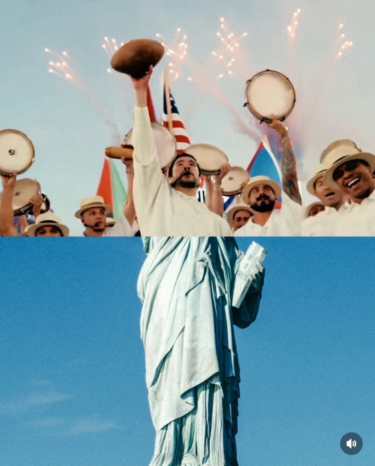 Pleneros raising their Panderos during at Super Bowl LX, 2026, half-time performance juxtaposed with the Statue of Liberty.